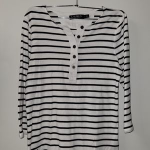 Lauren Ralph Lauren White Navy Striped 3/4 Sleeve Blouse Shirt Top L 100% Cotton